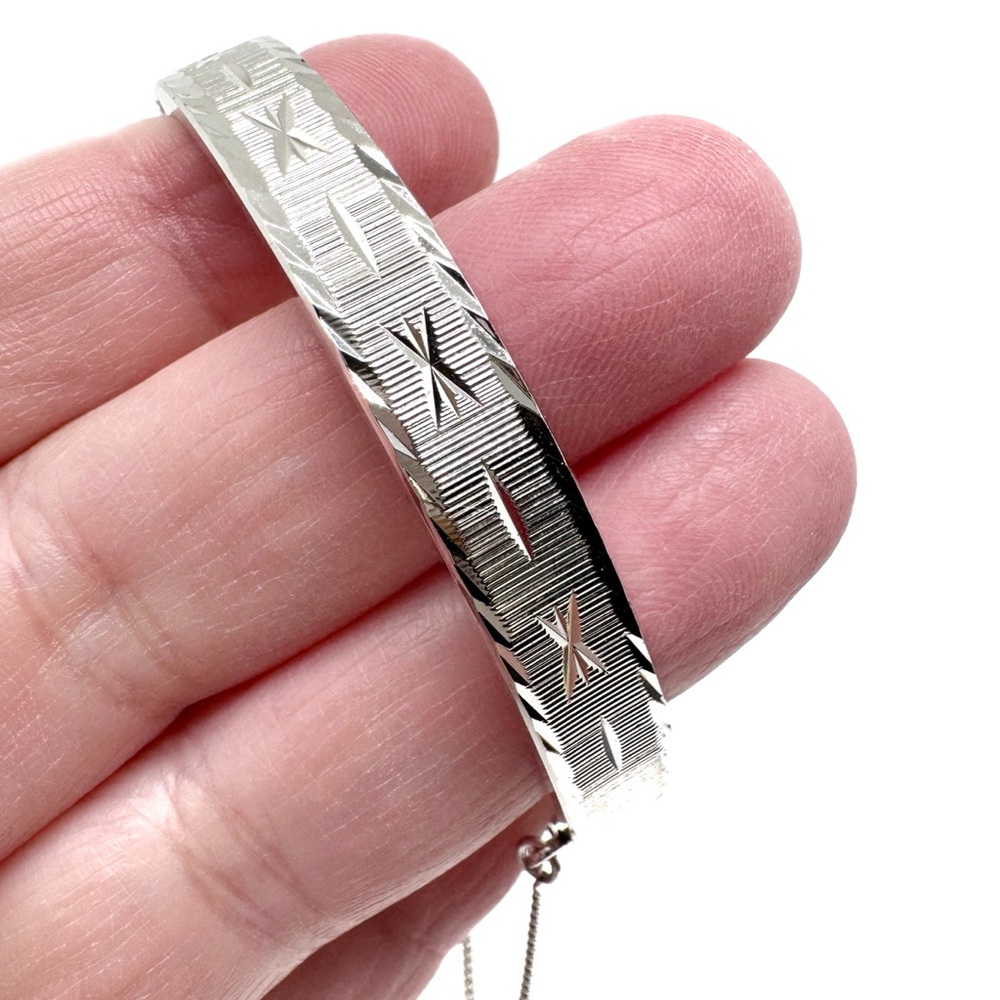 Vintage Silver Tone Roget Etched Bangle Bracelet with Safety Chain W Germany